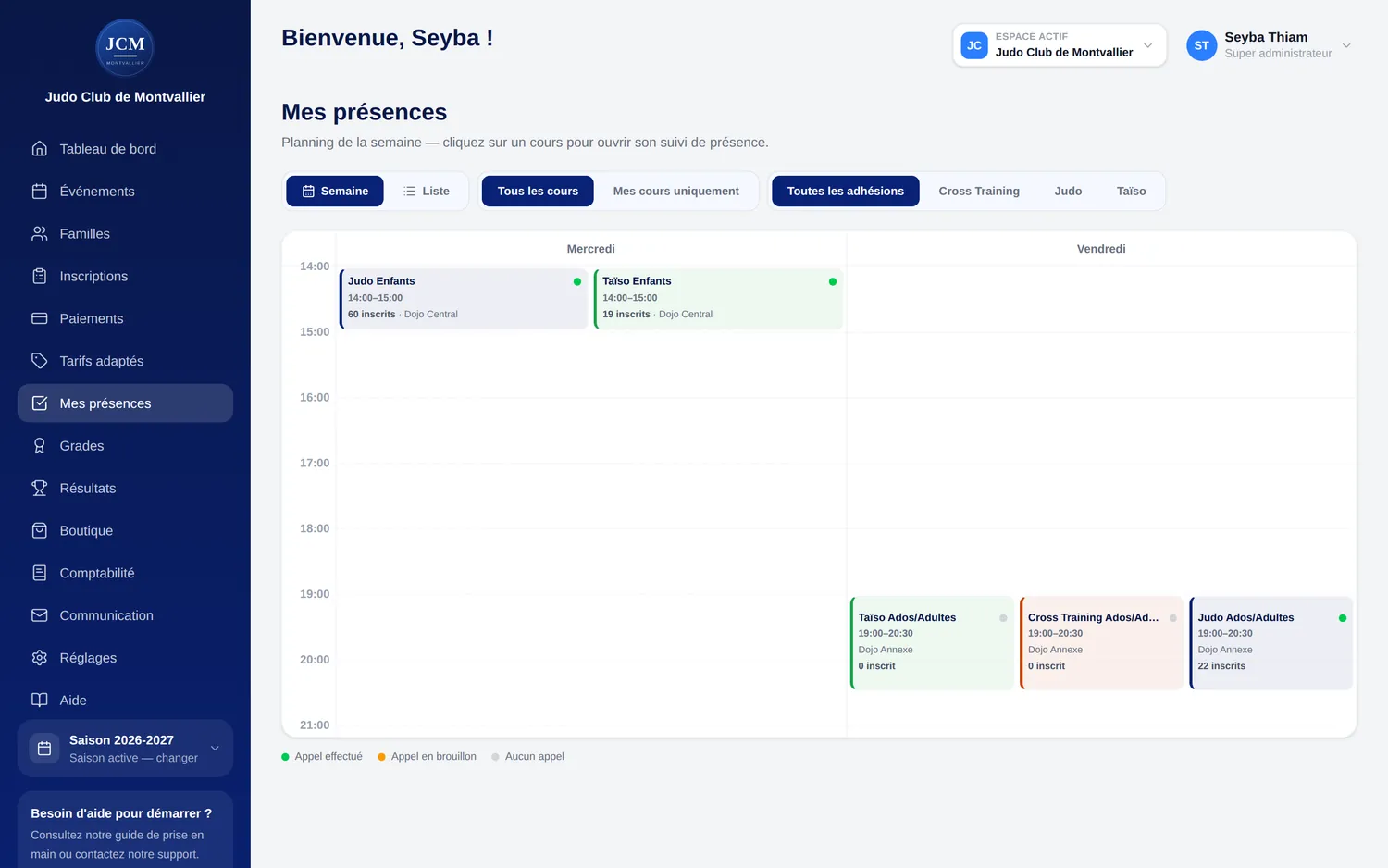 Calendrier des présences et appel